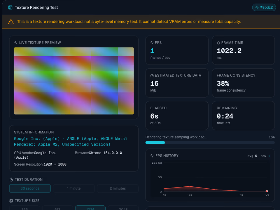 VRAM Test browser interface with texture settings and a live rendering preview