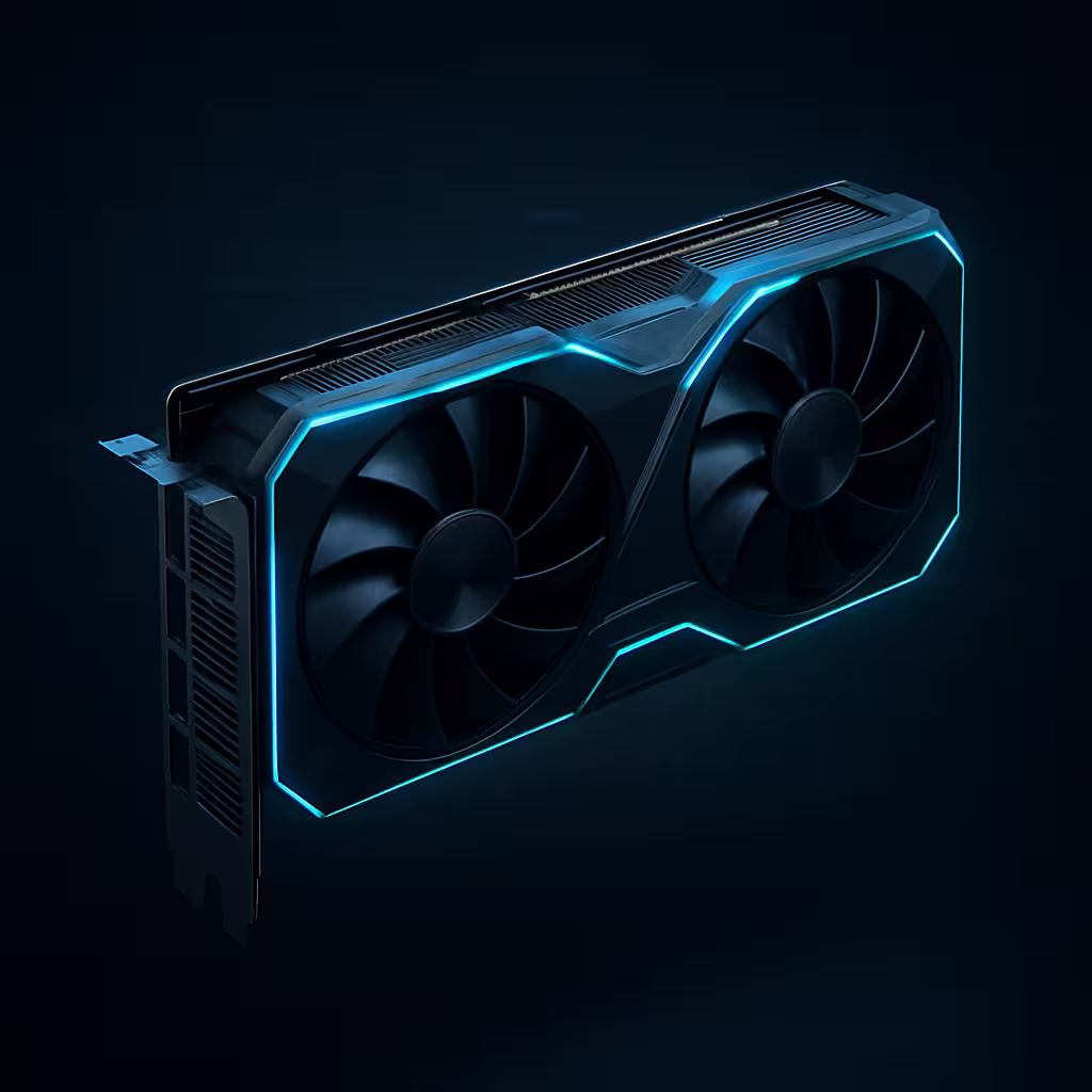 Modern graphics card with glowing cyan lighting used for a VRAM test